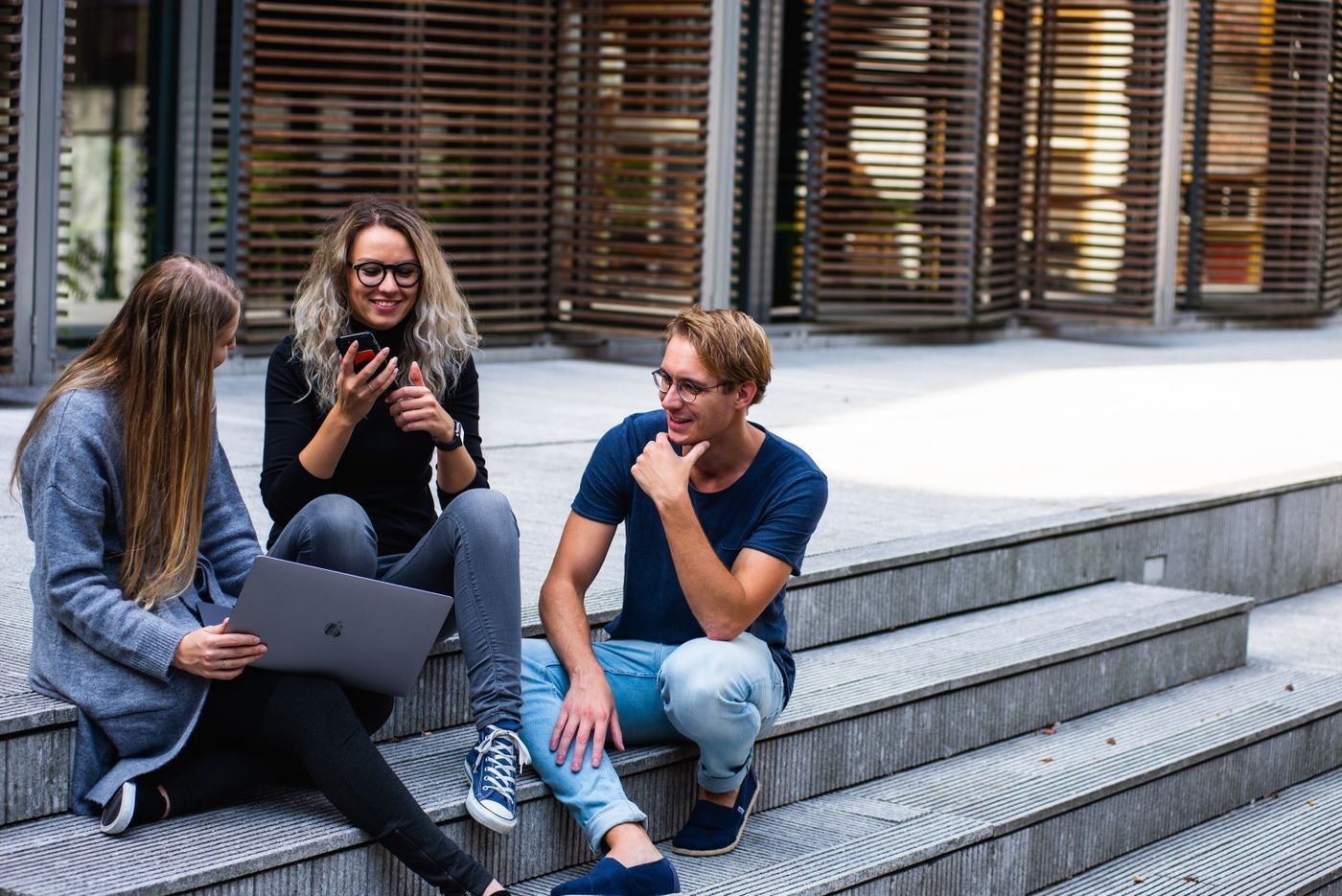 Students talking on campus steps