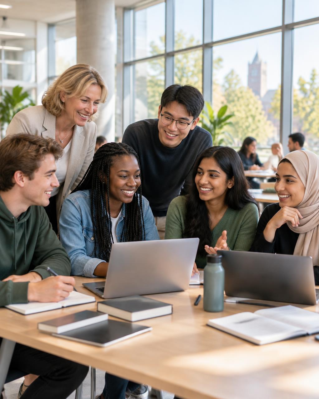 Students collaborating around a laptop